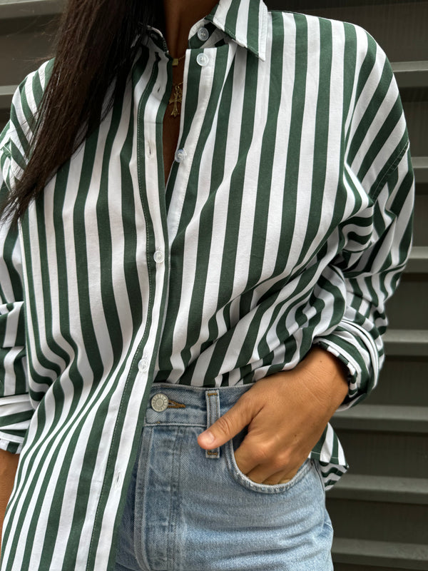 green striped button up shirt