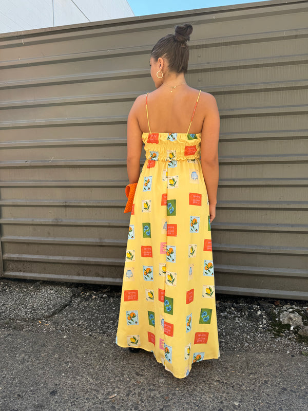 yellow tile print maxi a-line dress