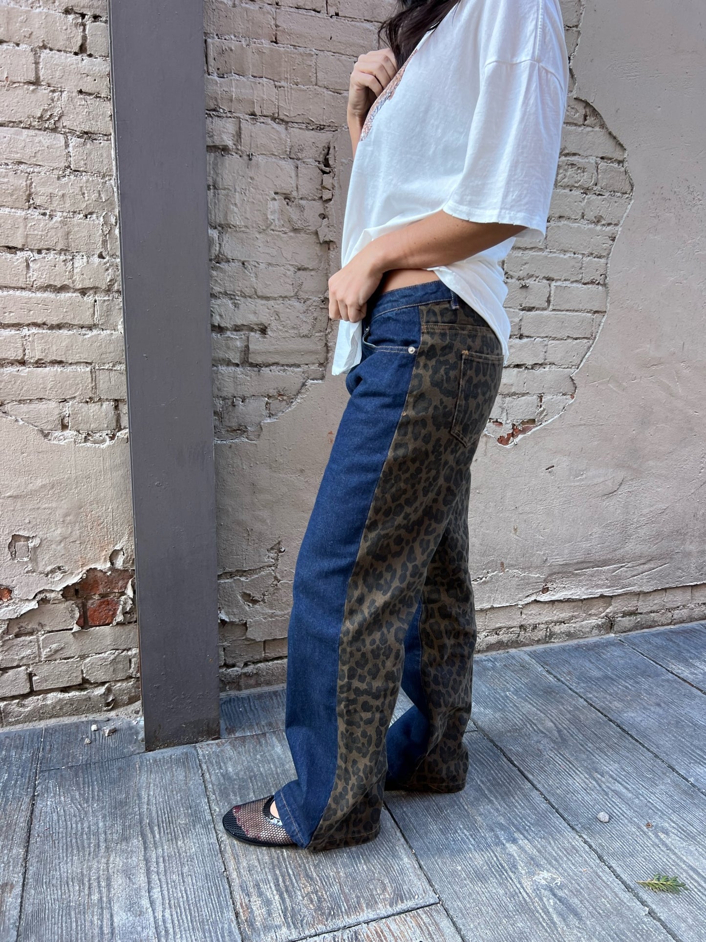 leopard split print denim jeans