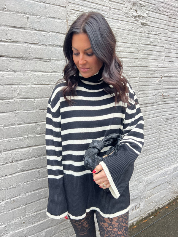 black and white striped turtleneck sweater