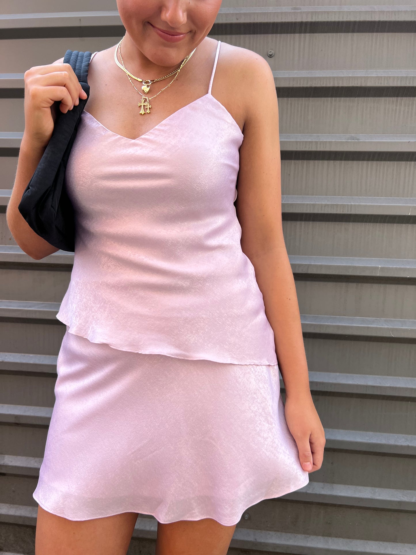 light pink satin matching mini skirt and tank top
