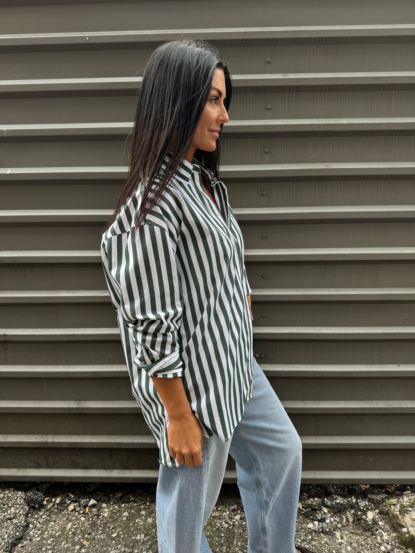 green striped button up shirt