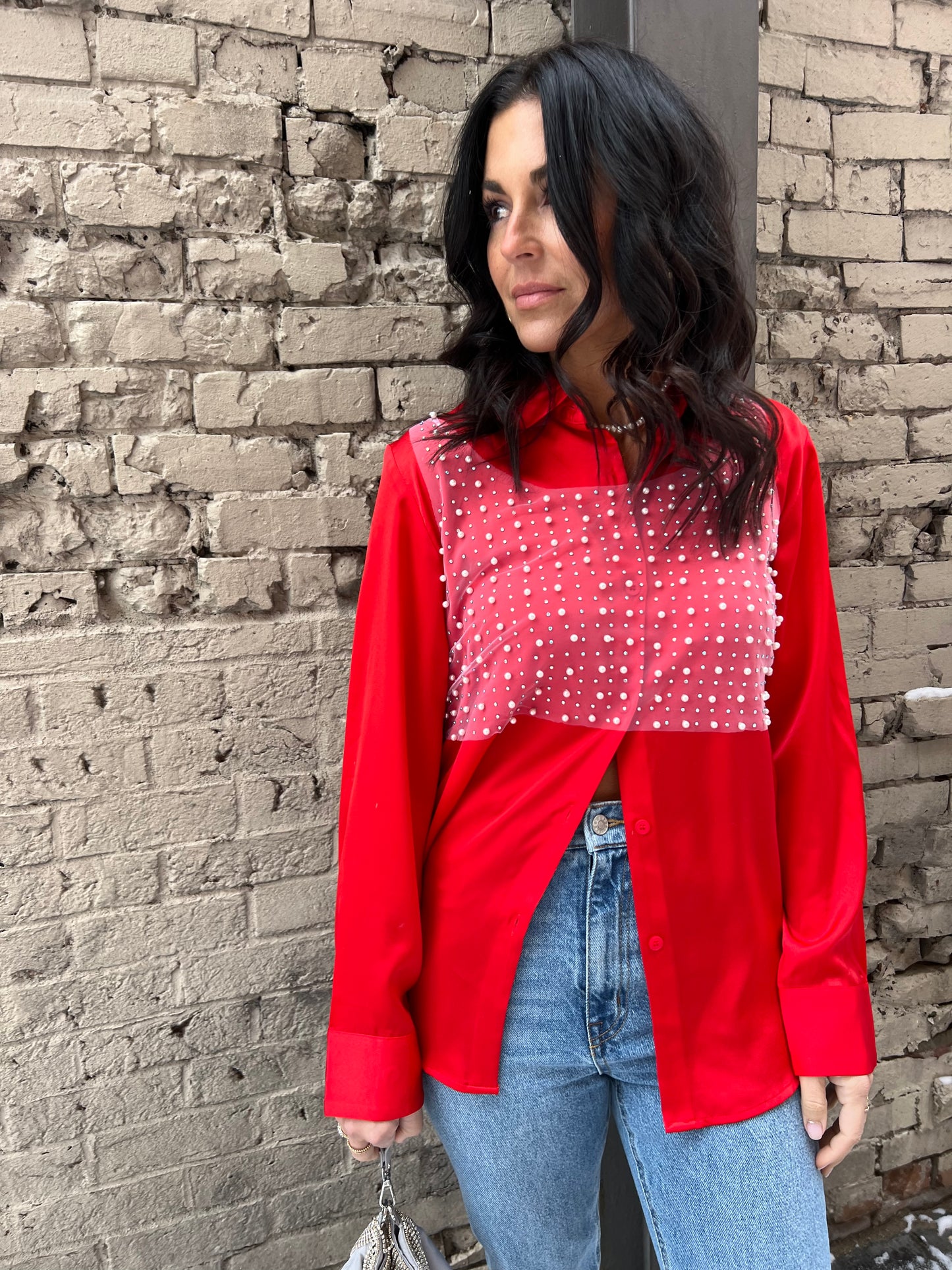 red satin button up blouse