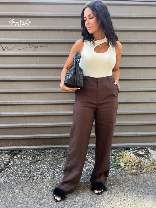 DARK BROWN STRIAGHT LEG PANTS - THE HIP EAGLE BOUTIQUE