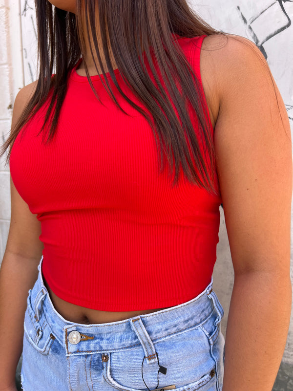 red ribbed tank top