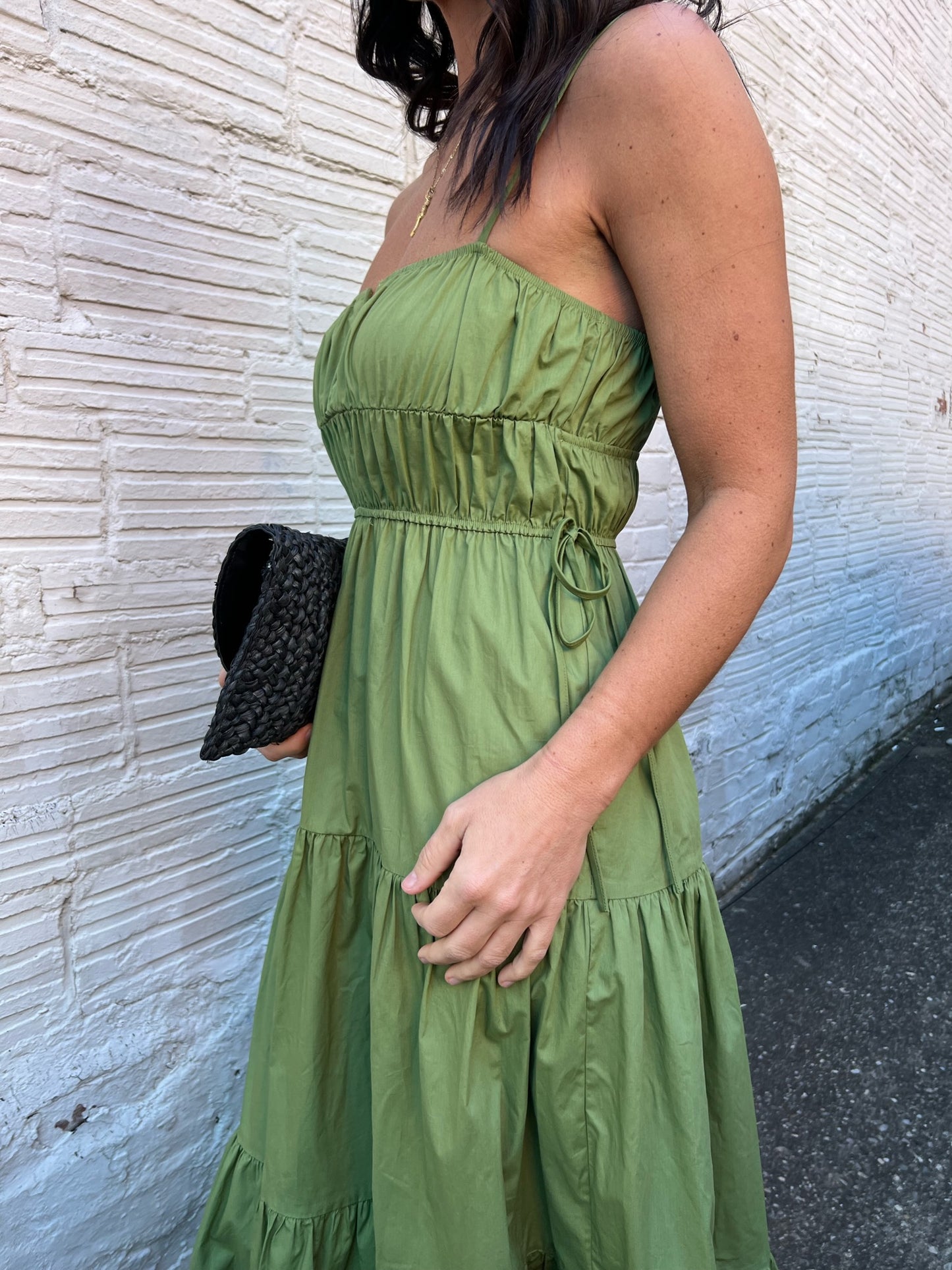 green midi shirred dress