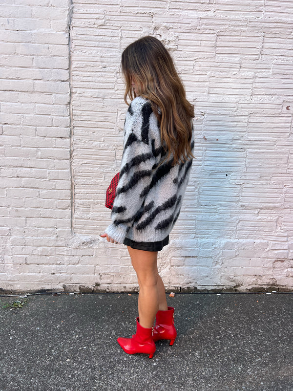 GRAY AND BLACK FUZZY ZEBRA PRINT SWEATER - THE HIP EAGLE BOUTIQUE