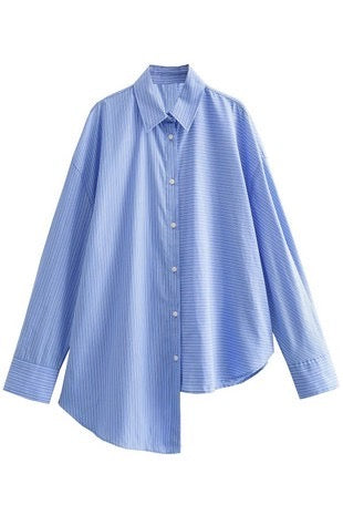 women's blue striped asymmetric button up shirt