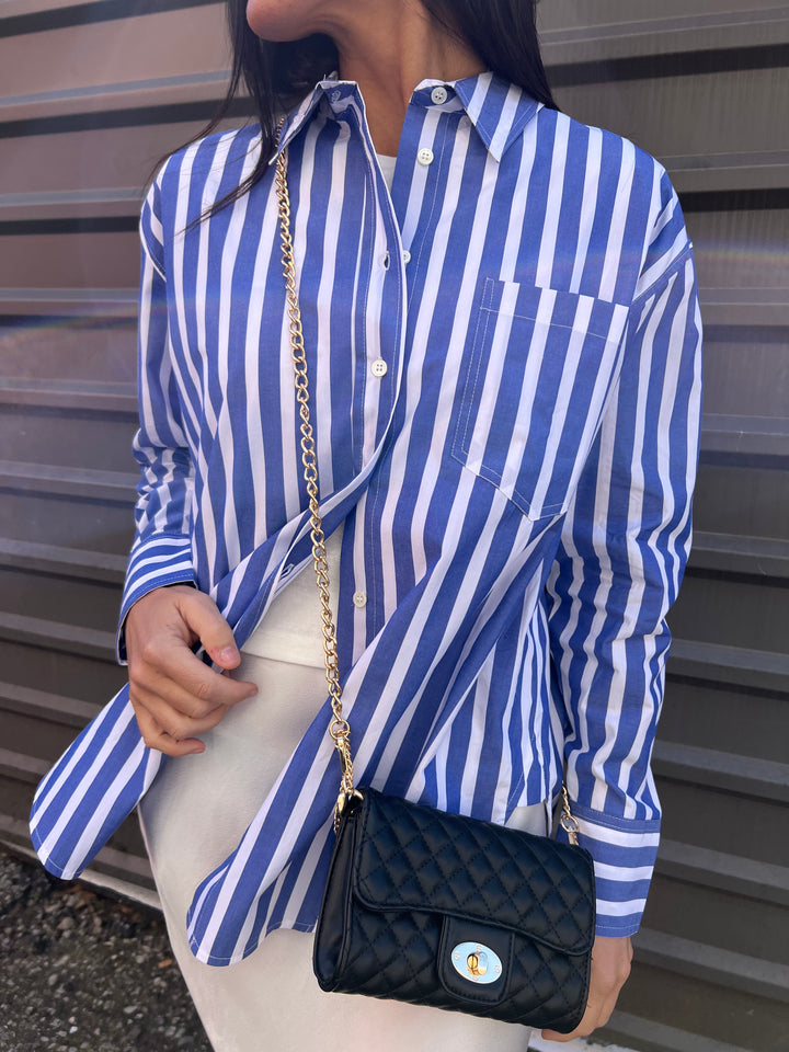 blue and white stripe button up shirt