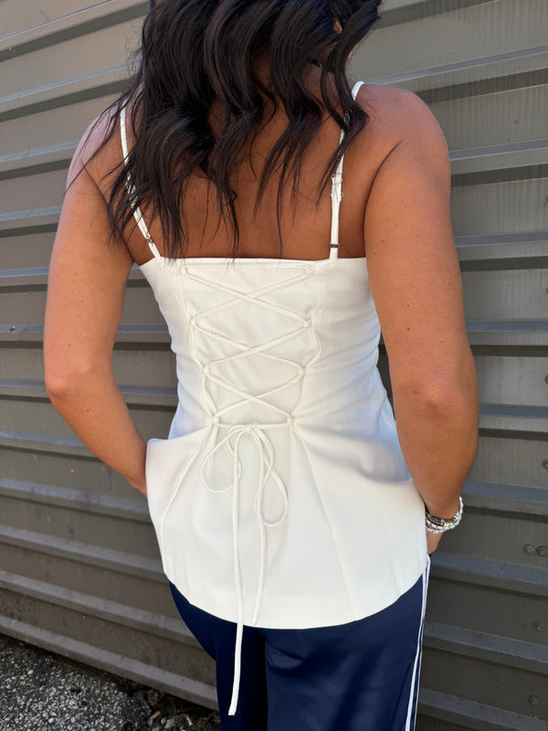 white lace up back top