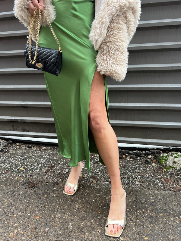 satin green midi dress with leg slit