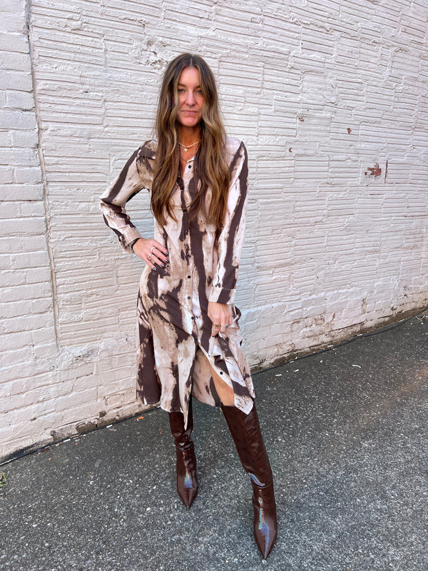 BROWN MULTI PRINT BUTTON UP MIDI DRESS - THE HIP EAGLE BOUTIQUE