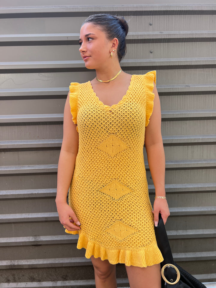 yellow crochet mini dress