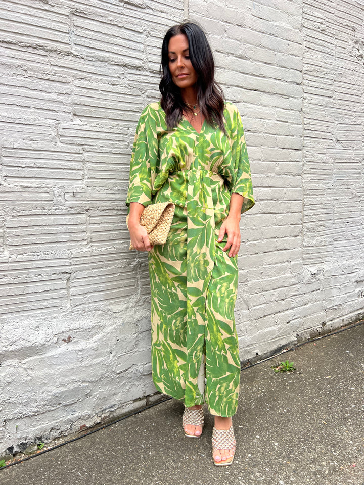 green leaf print maxi dress