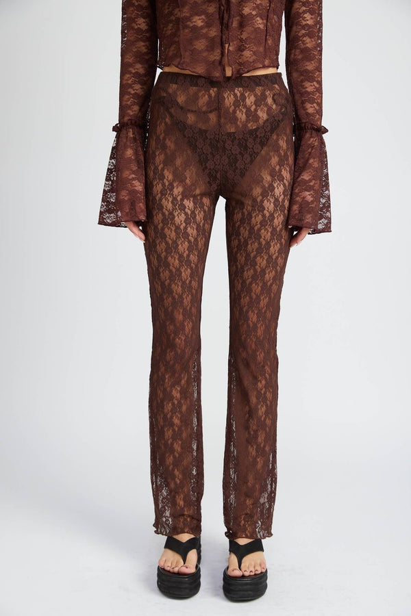 BROWN SHEER LACE FLARED PANTS - THE HIP EAGLE BOUTIQUE