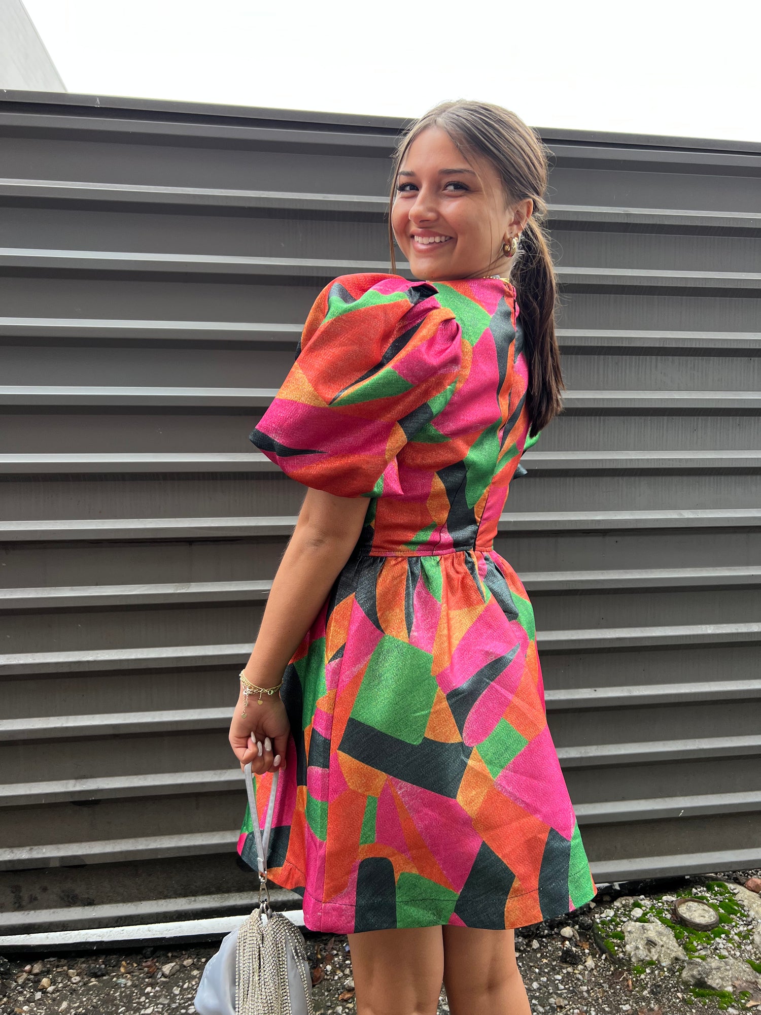 colorful puff sleeve a-line mini dress