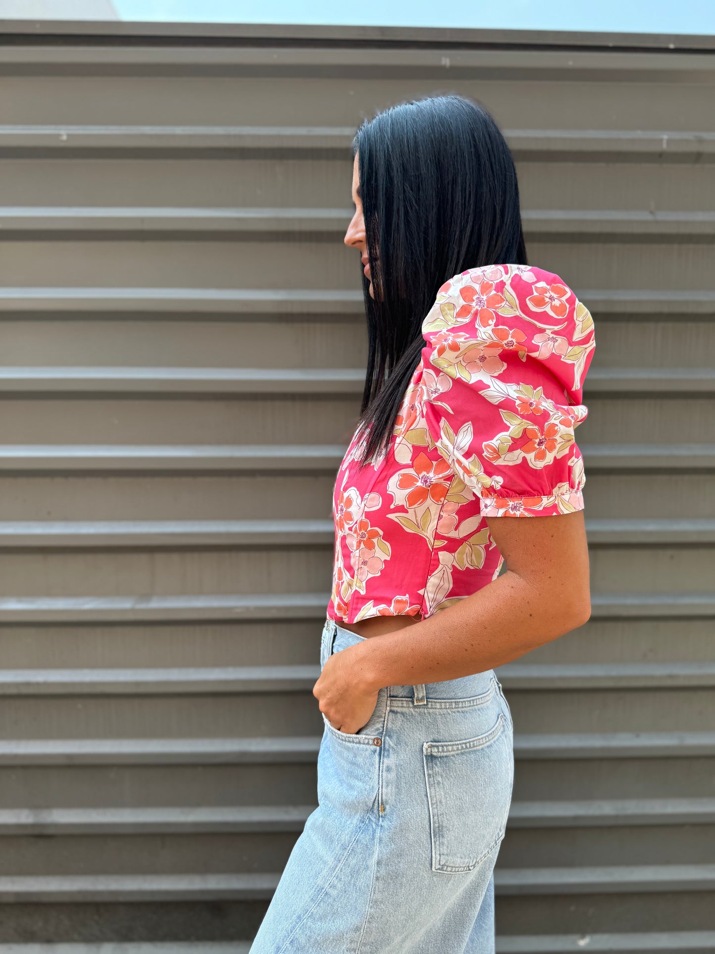 red floral blouse