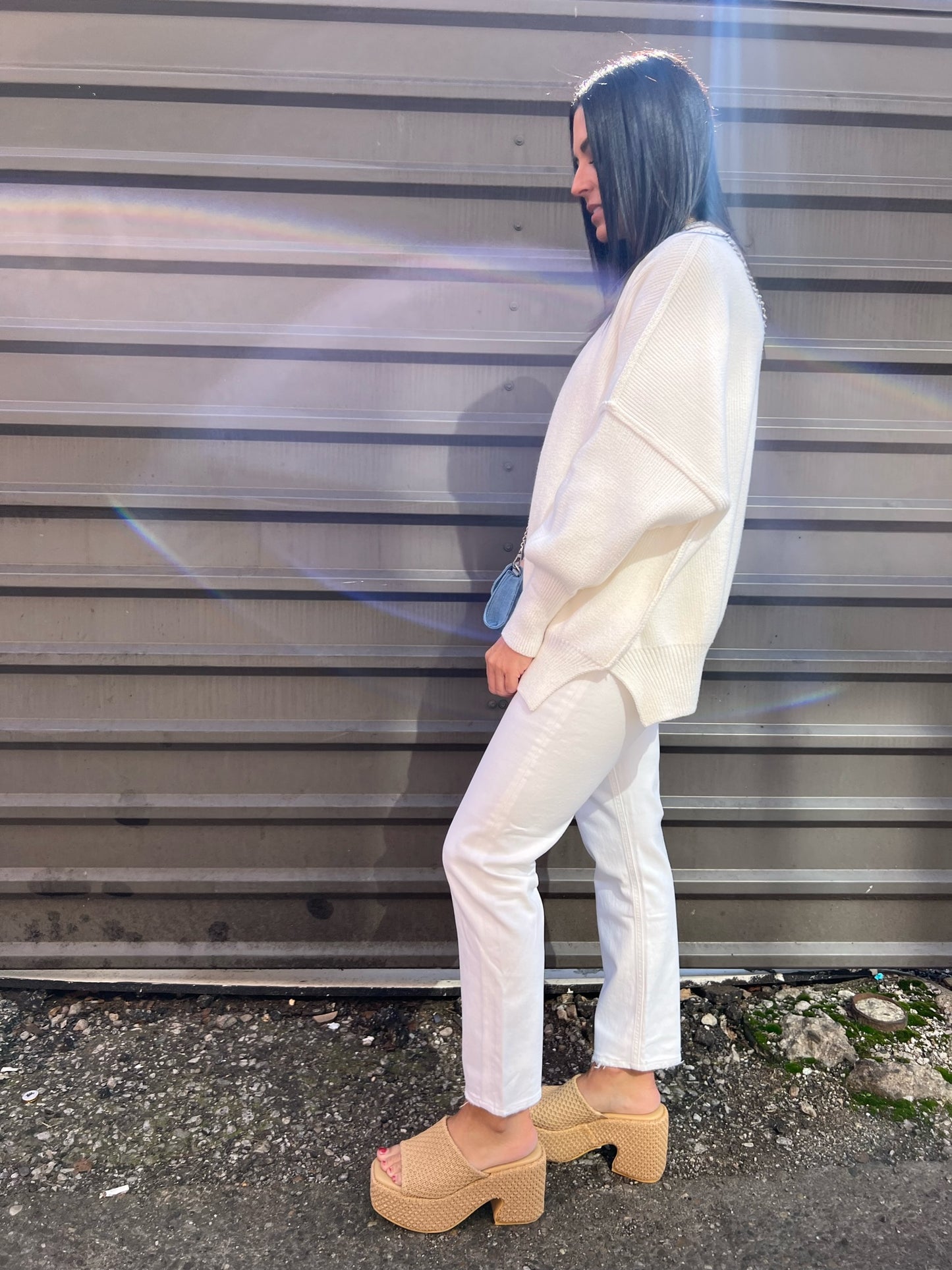 white oversized tunic sweater with balloon sleeves