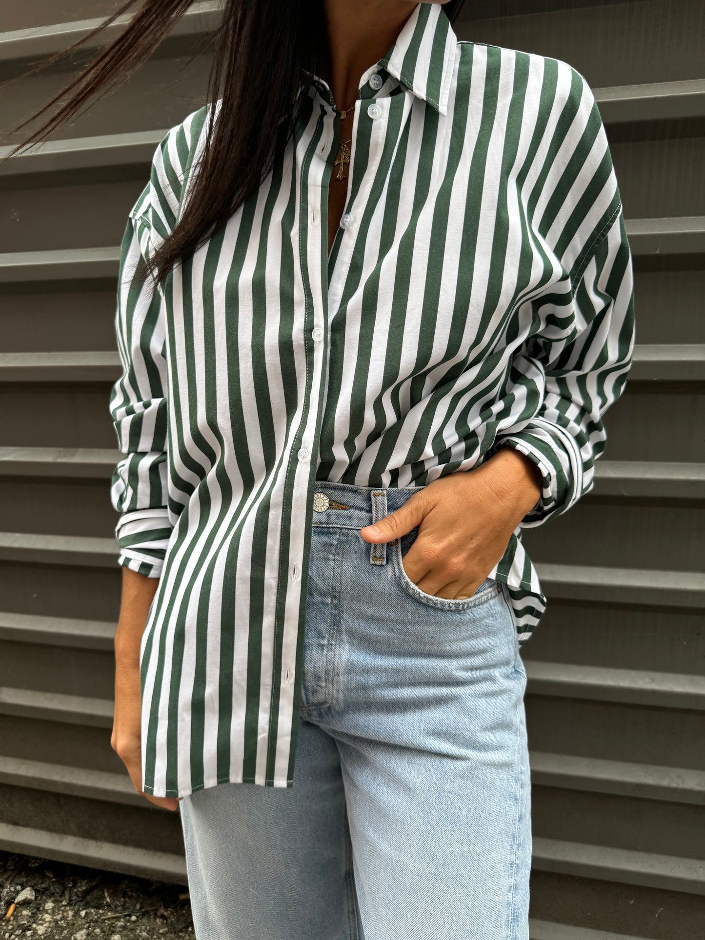 green striped button up shirt