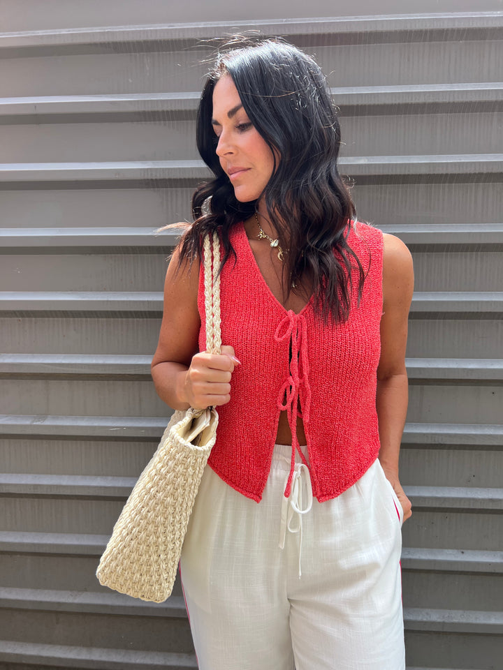 red knit front tie tank