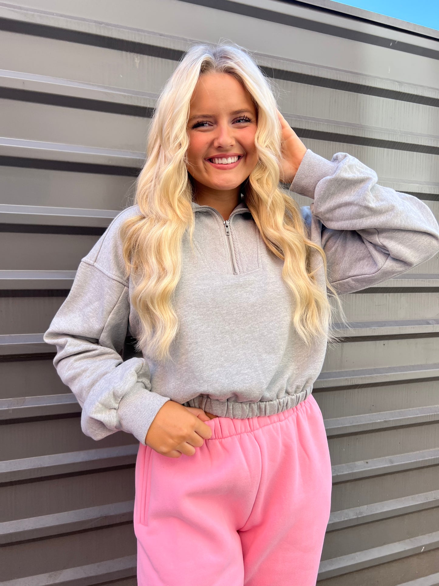 GRAY QUARTER ZIP CROPPED PULLOVER SWEATSHIRT - THE HIP EAGLE BOUTIQUE