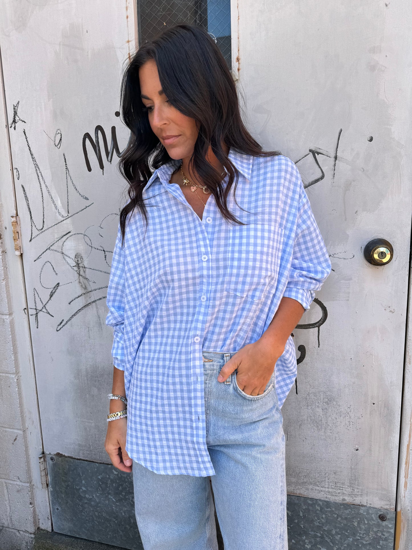 blue gingham print button up shirt