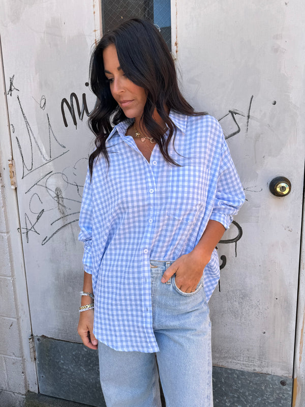 blue gingham print button up shirt