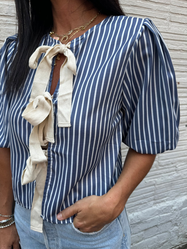 blue striped puff sleeves with front cut out blouse