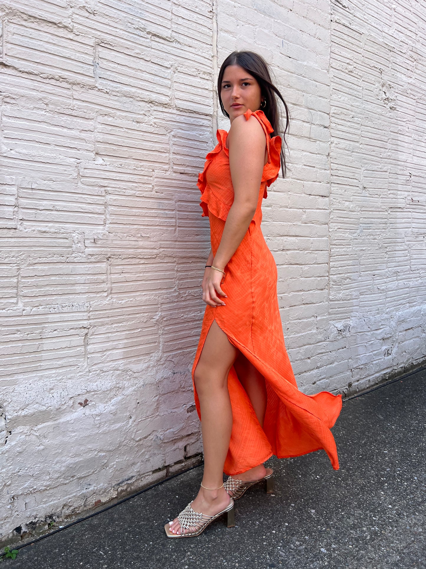 solid orange flowy midi dress
