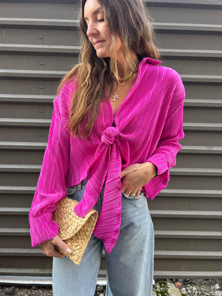 pink pleated front tie top