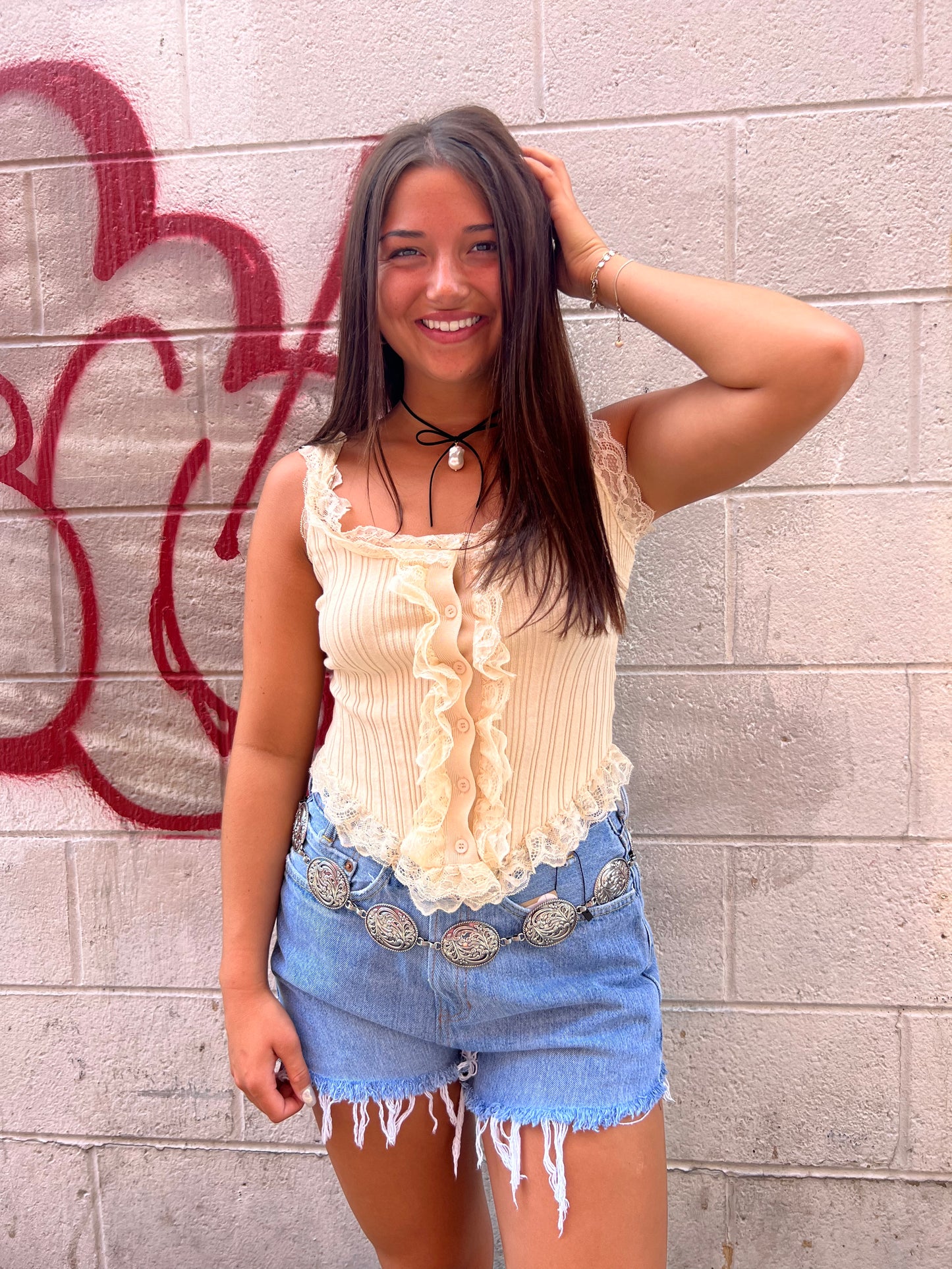 beige ribbed ruffle tank top