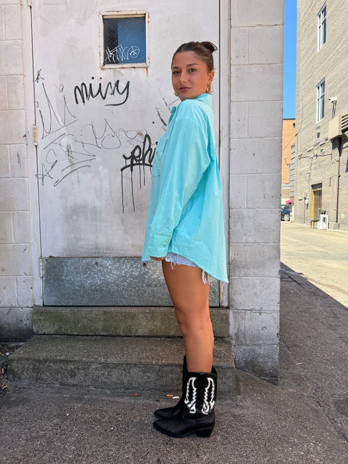 aqua blue oversized button up shirt