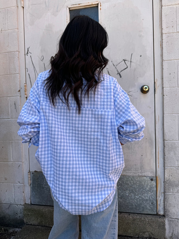 blue gingham print button up shirt