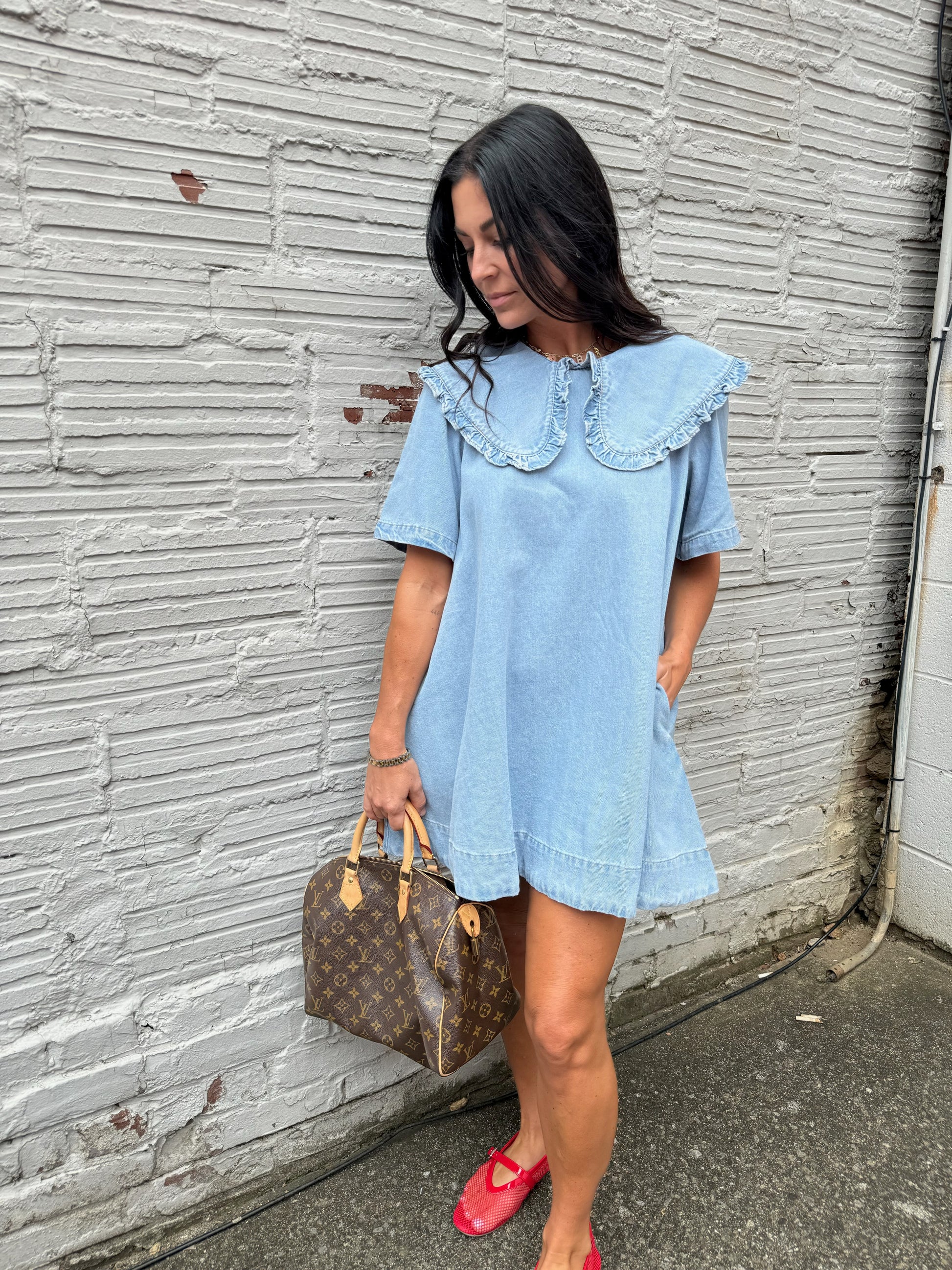 blue denim peter pan collar mini dress