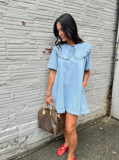blue denim peter pan collar mini dress
