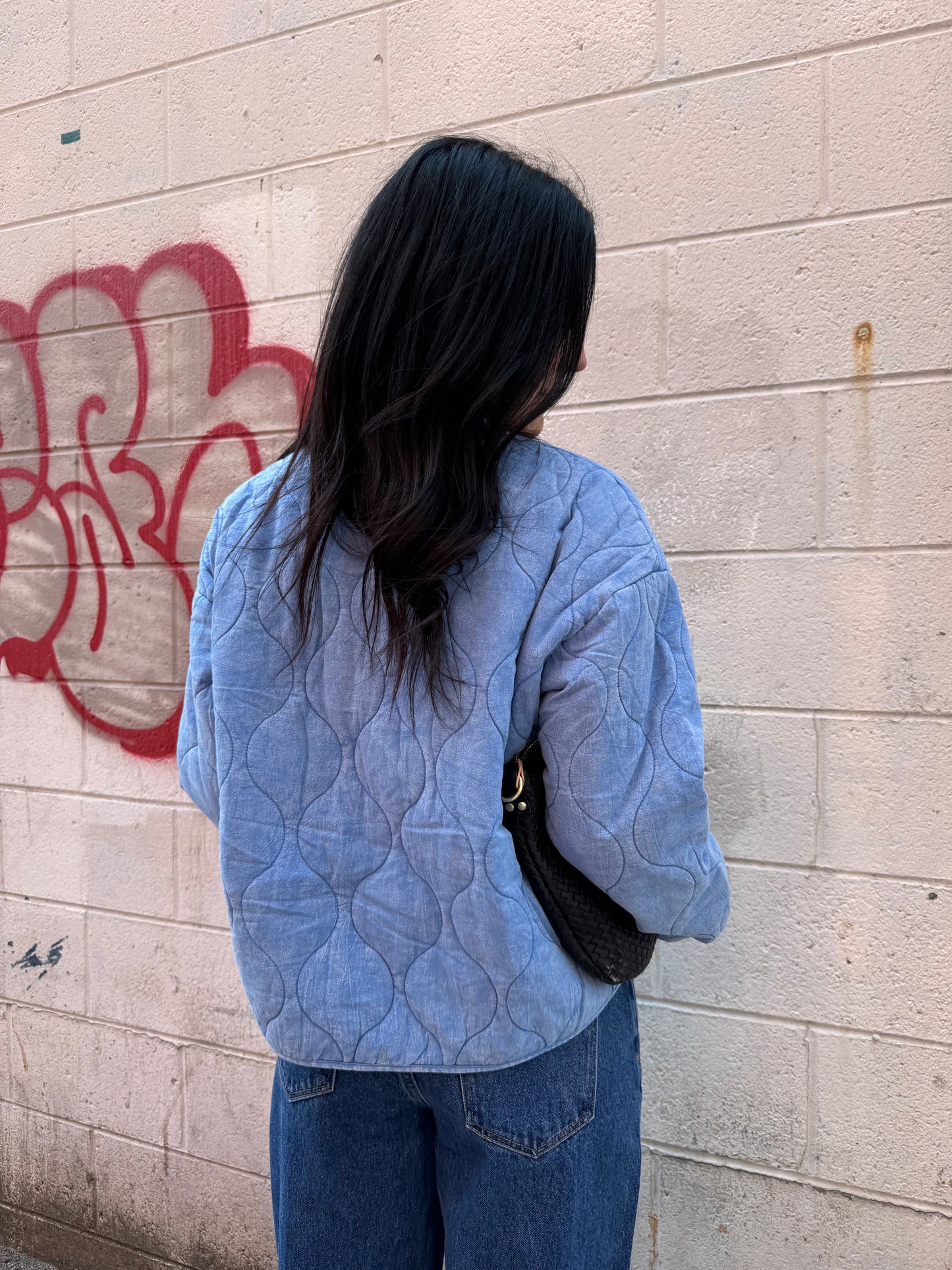 washed denim quilted zip up jacket