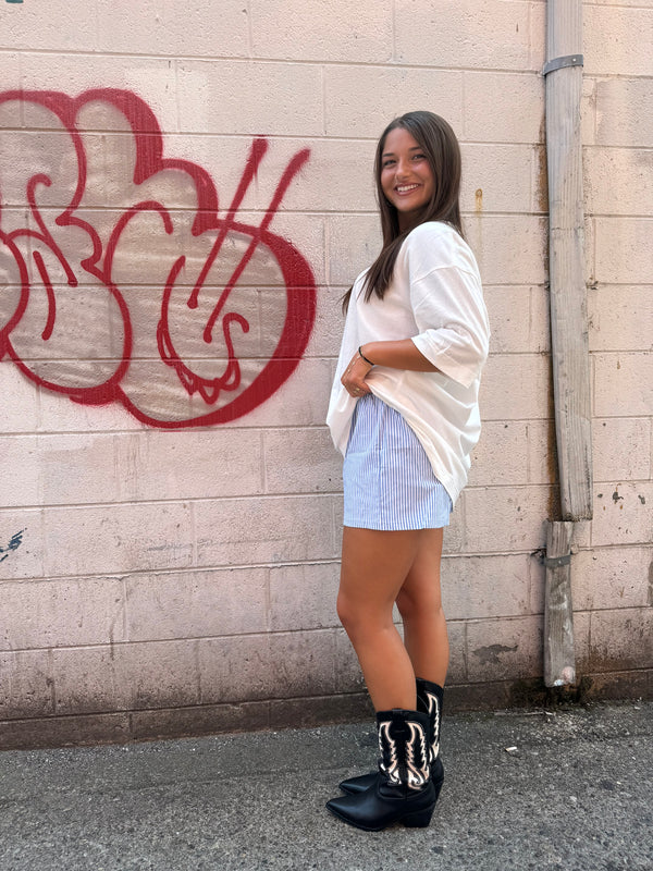 women's blue striped boxer shorts and oversized white tee