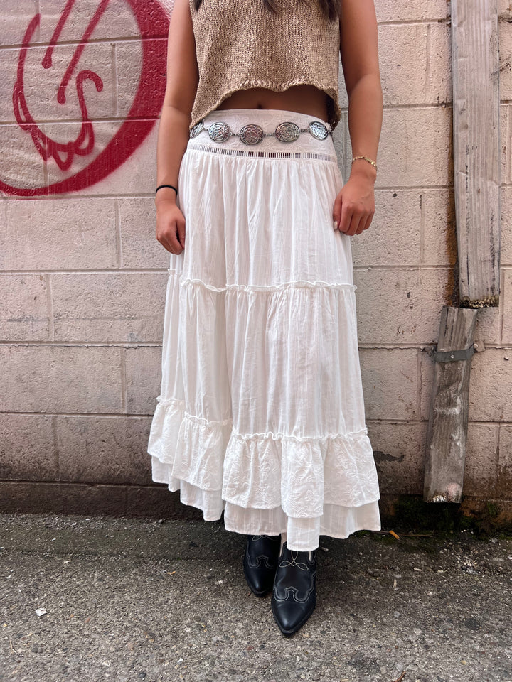 white tiered midi skirt