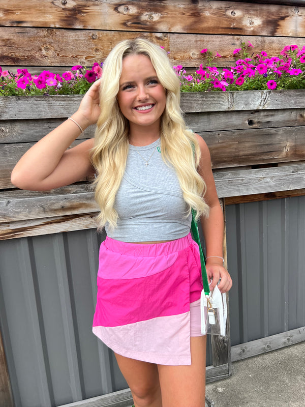 THE HIP EAGLE BOUTIQUE - pink color block nylon skort