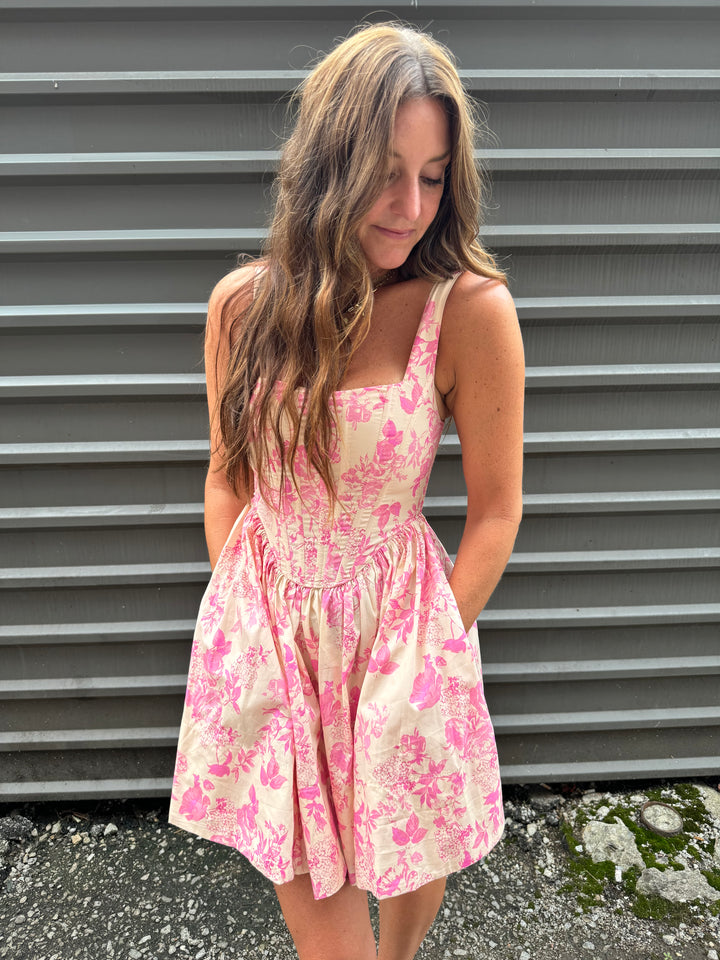 pink floral corset flare mini dress