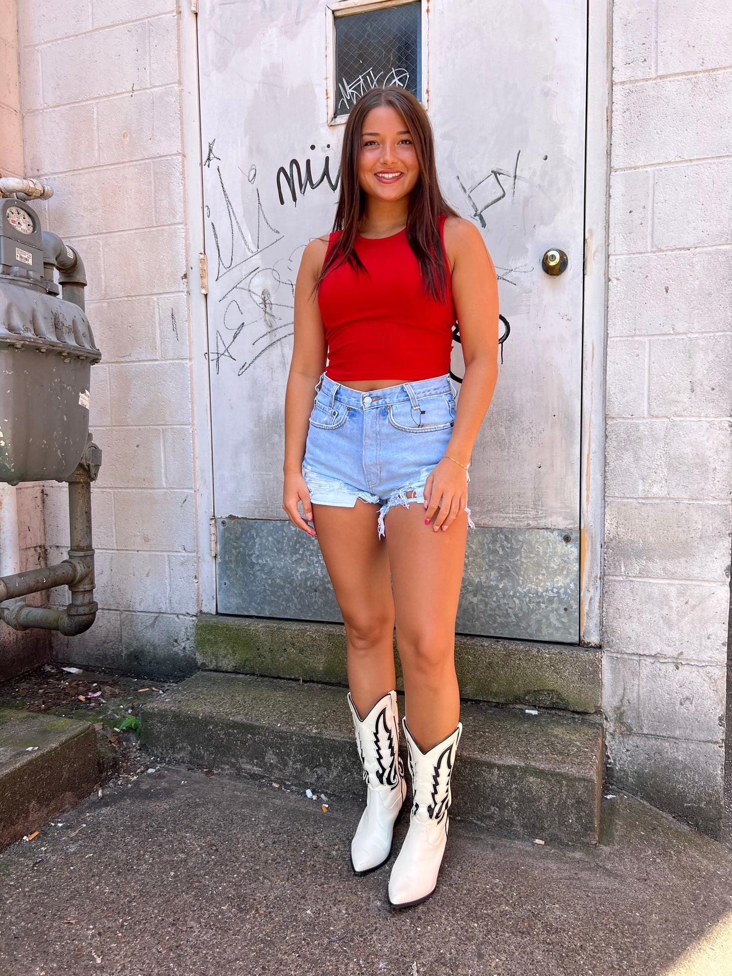 red and denim outfits