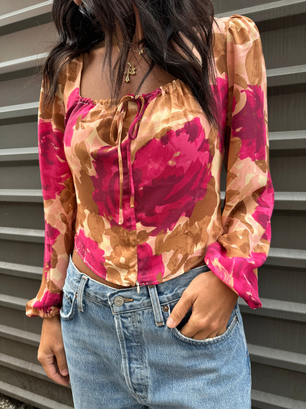 satin rose print long sleeve blouse