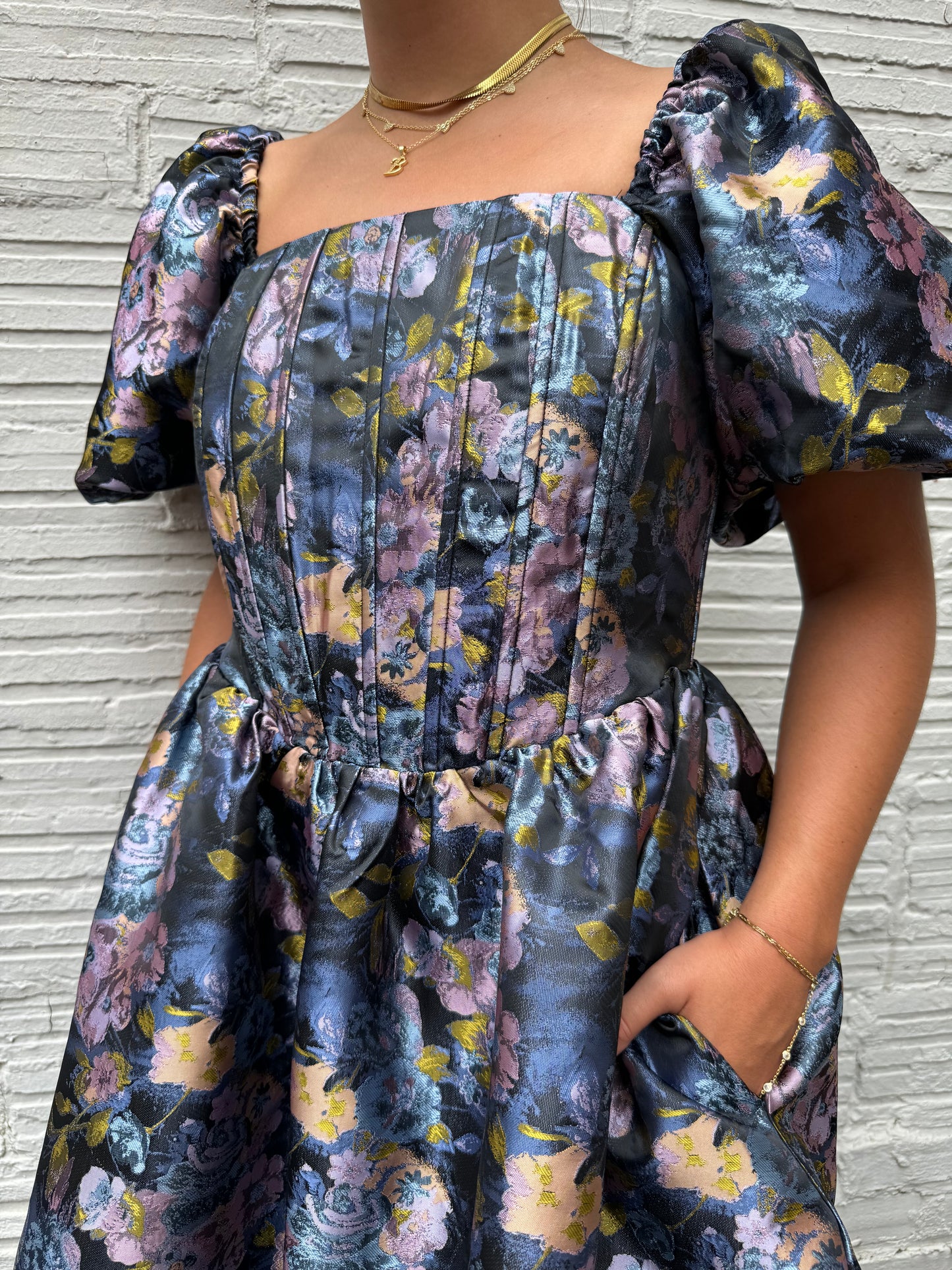 blue floral jacquard puff sleeve mini dress