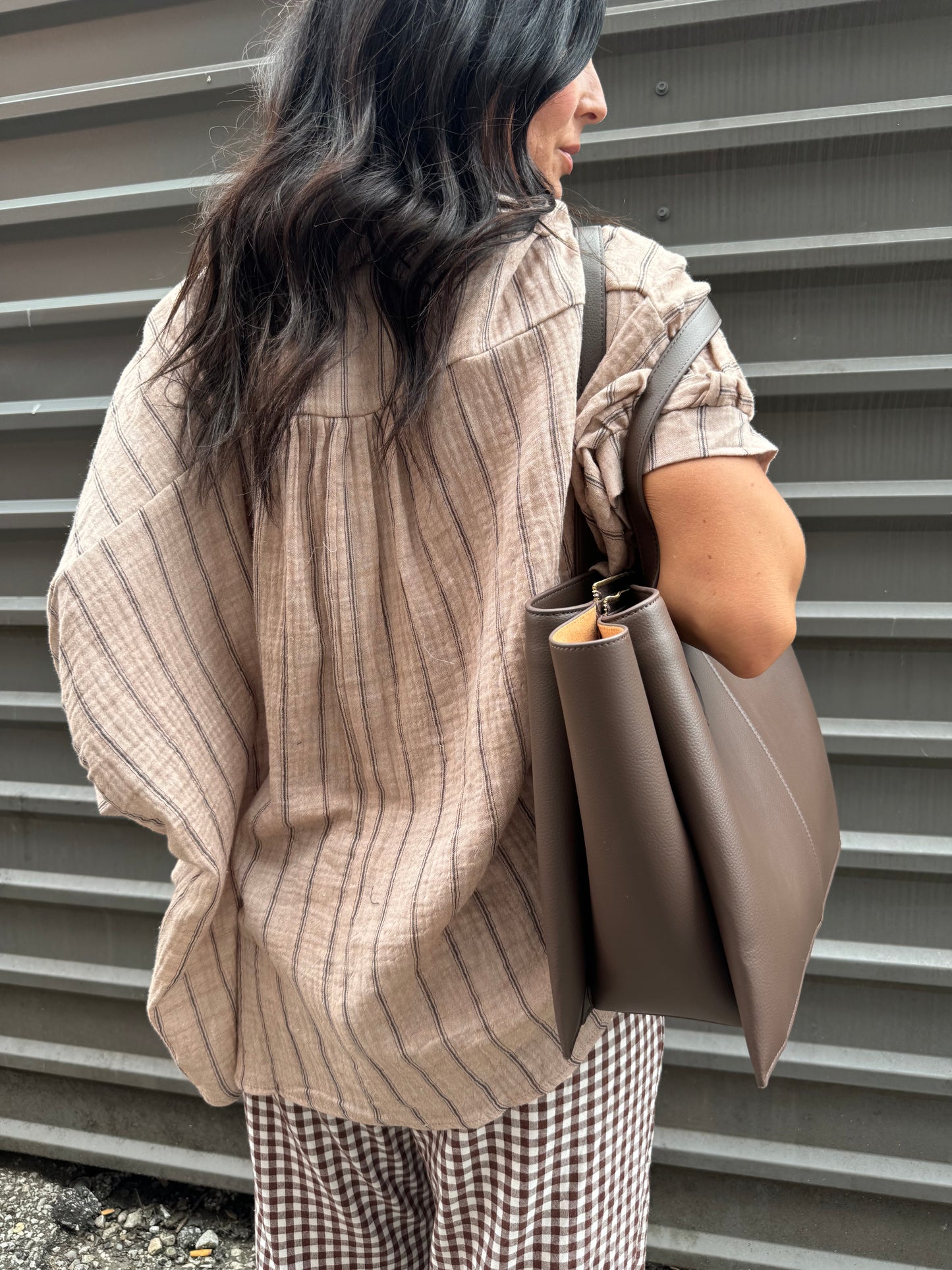 gauze brown striped button up shirt