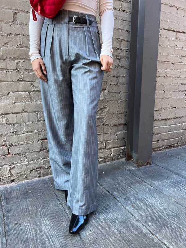 GRAY TAILORED BELTED PINSTIRE PANTS - THE HIP EAGLE BOUTIQUE