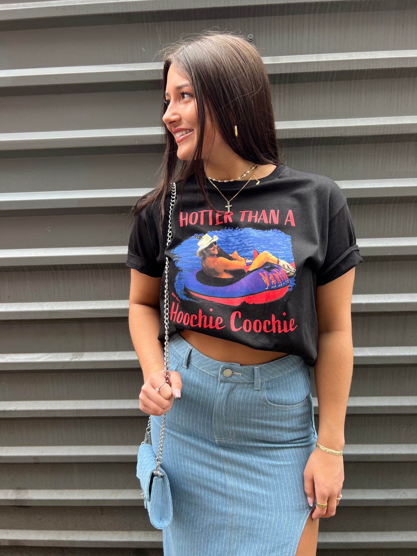denim skirt and graphic tee outfit inspo