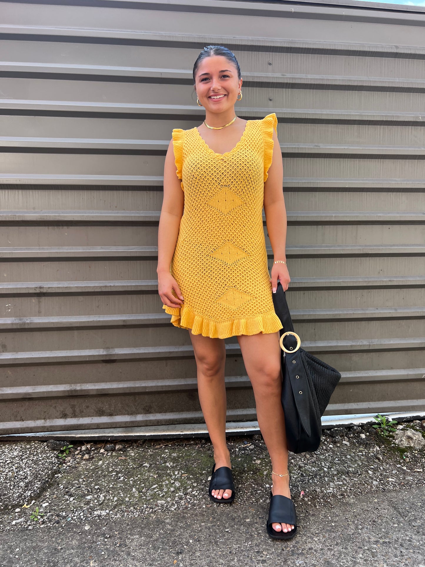yellow crochet ruffle sleeve cover up dress