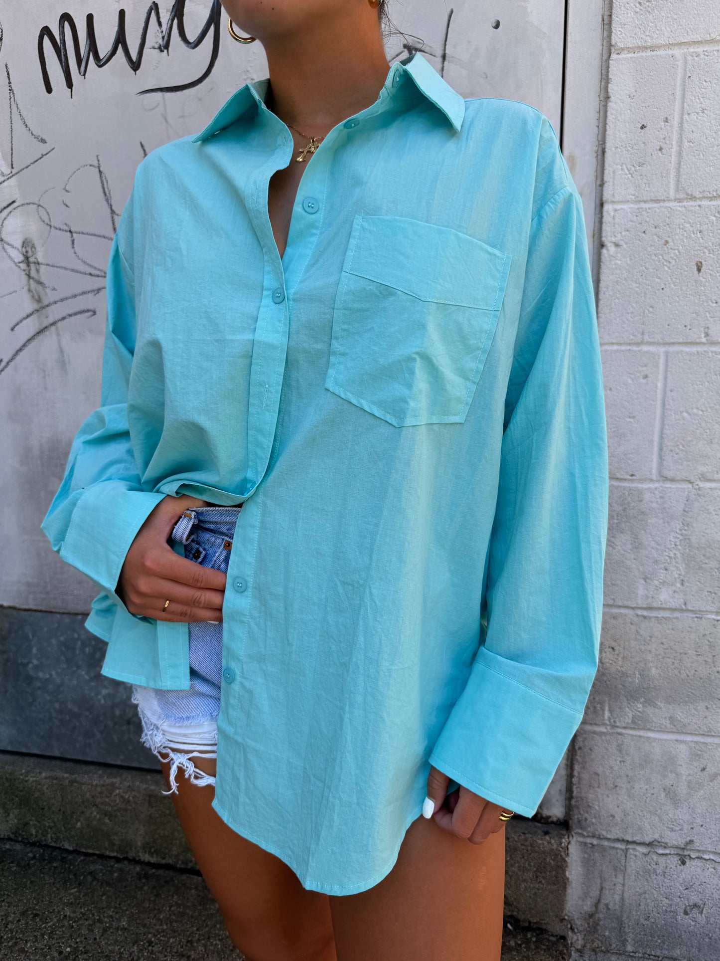 aqua blue oversized button up shirt