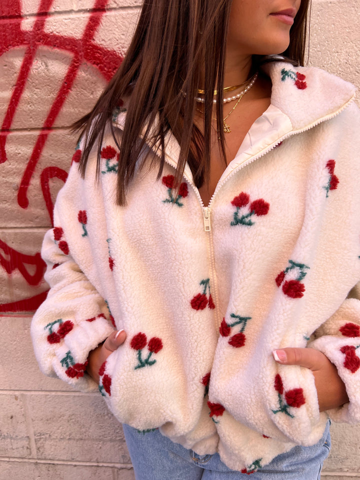 IVORY CHERRY TEDDY ZIP UP JACKET - THE HIP EAGLE BOUTIQUE
