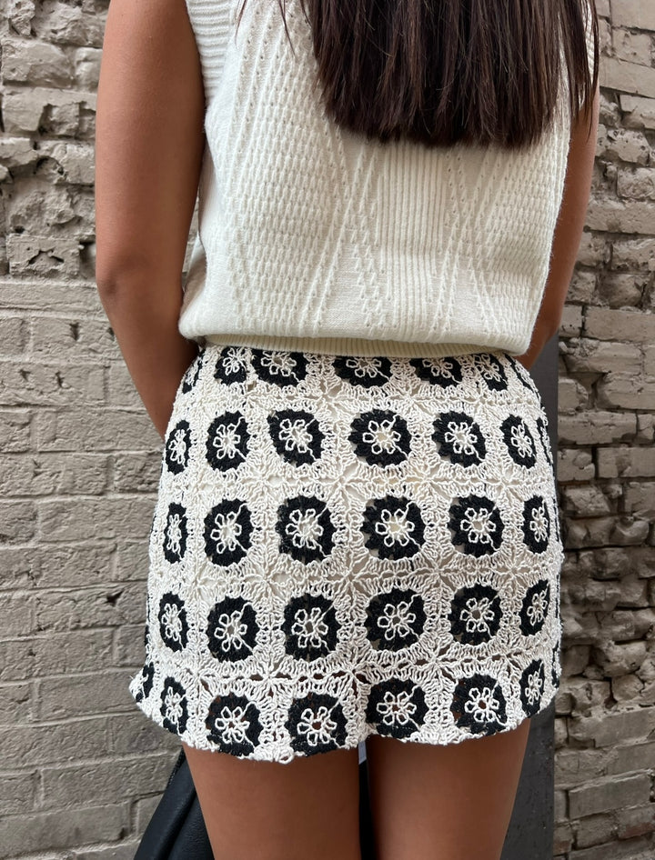 black and ivory crochet mini skirt